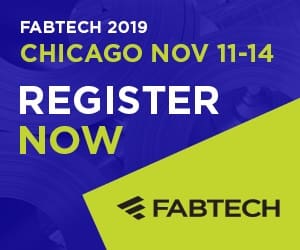FT19_WebBanner_300x250_FIN A blue and yellow banner with the words " fabtech 2 0 1 9 chicago november 1 1-1 4, register now ".