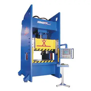 A blue machine with yellow and black markings on it.
