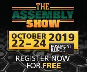 TAS_300x250 A black and yellow logo for the assembly show.