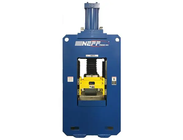 A blue machine with yellow parts on top of it.