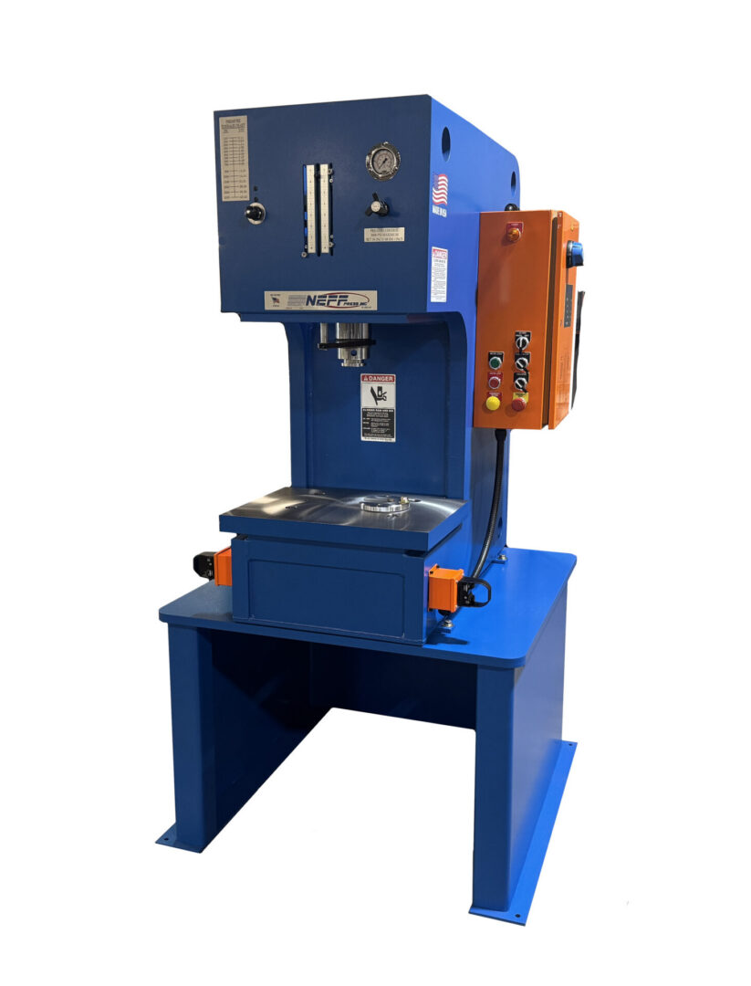 Neff Press D40-5HS C-frame hydraulic bench press on pedestal stand with orange control panel and pressure gauge