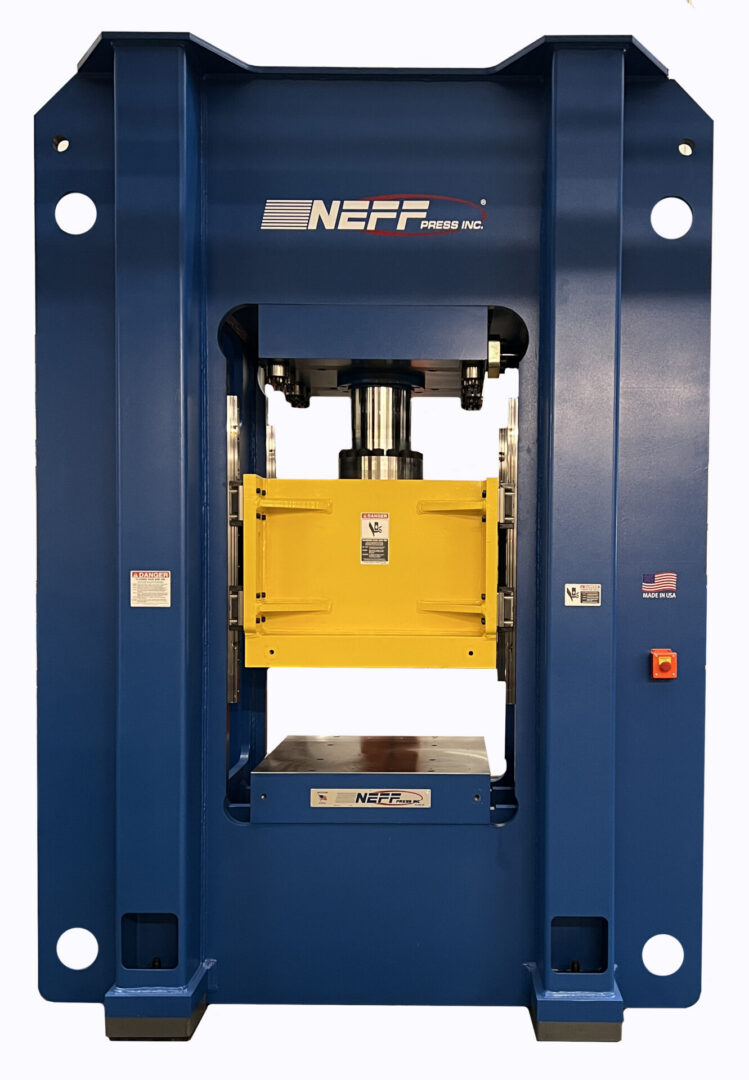 Neff Press RG450-50M precision-guided 450-ton hydraulic column press with yellow platen guard and Made in USA badge