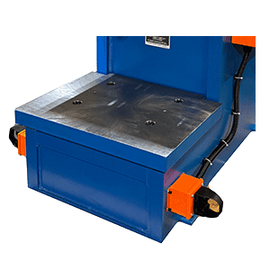 Neff Press removable bolster option showing sliding steel work table on blue press bed