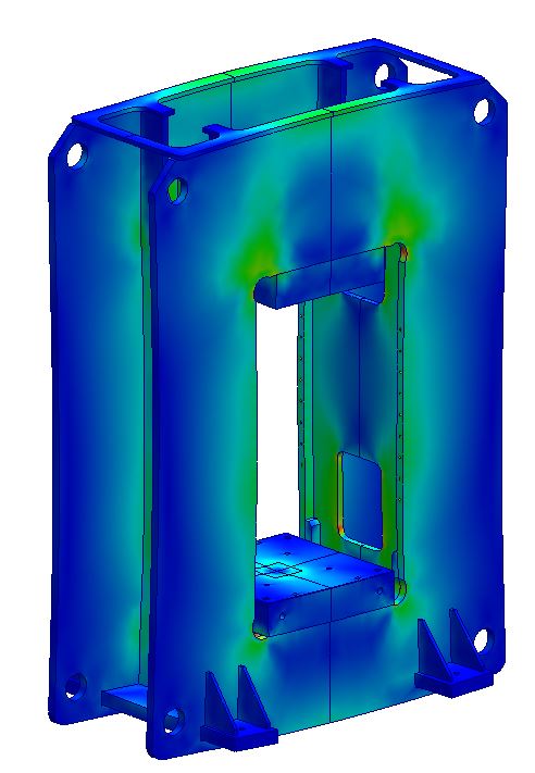 FEA stress analysis of a Neff precision guided hydraulic press frame, isometric view