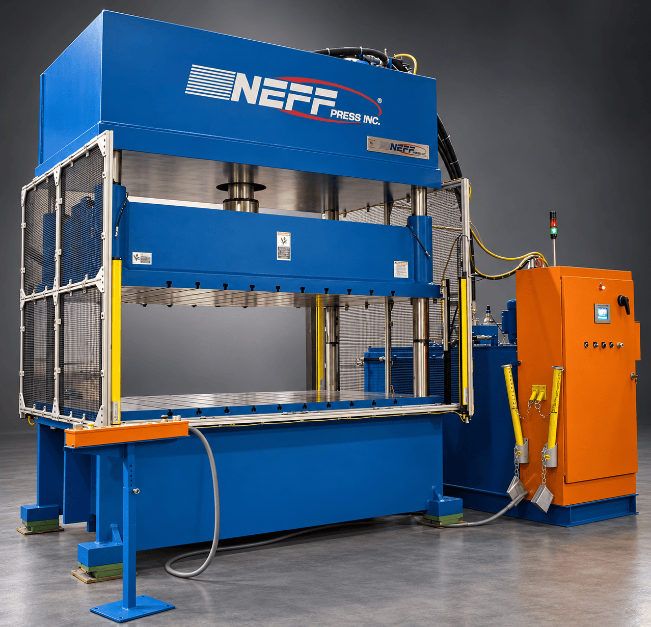 Blue Neff four-column hydraulic trim press with guarding and orange control cabinet
