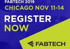 A blue and yellow banner with the words " fabtech 2 0 1 9 chicago november 1 1-1 4, register now ".